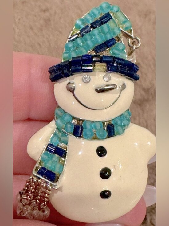 Liz Claiborne Jewelry - Liz Claiborne Lc Snowman Brooch with Navy Blue & Turquoise Stones. Signed Lc